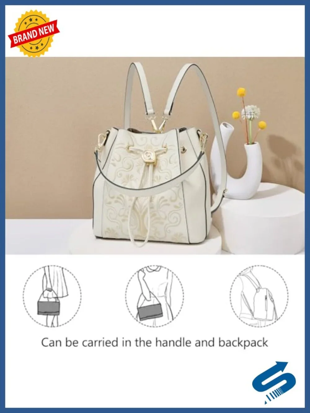 Women's Embroidery Leather Fashion Backpack Shoulder Handbag Vintage Purse